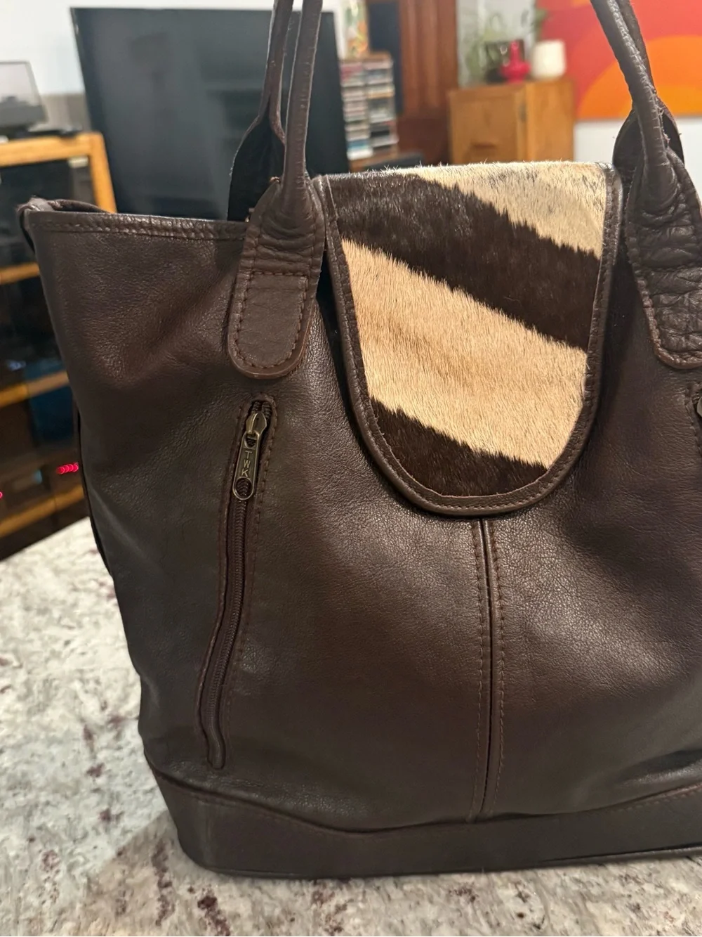 Classic Dark Brown Leather Hobo with Zebra Accent Flap